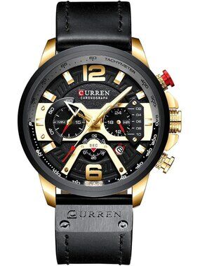 Men's Black Gold Analog Quartz Waterproof Leather Strap Chronograph Luxury Watch